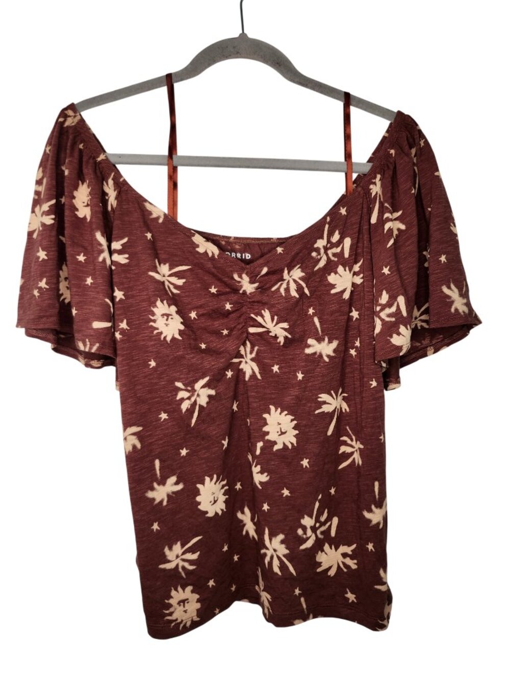 Torrid Brown Floral Flutter Sleeved Top Plus Size 2